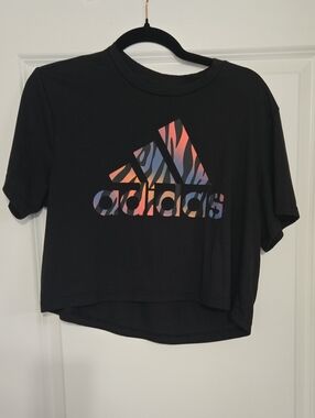 adidas Black Cropped Tee with Multicolor Zebra Logo